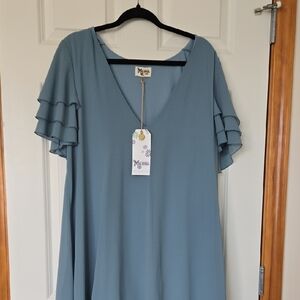 Slate Blue V-Neck Ruffle Sleeve Dress -